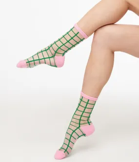 1970s Green & Pink Tulip Grid Sheer Crew Socks