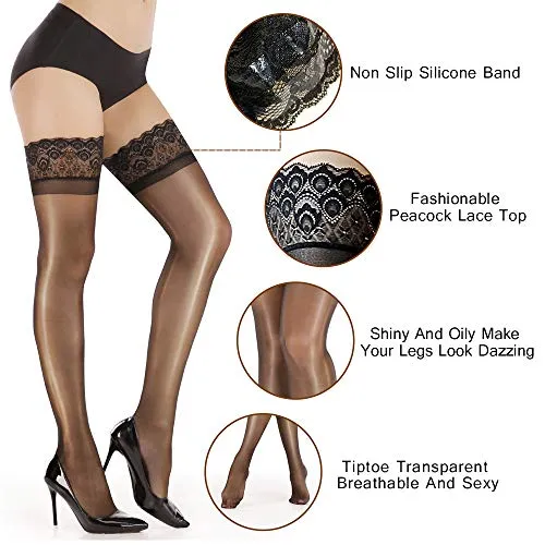 ARRUSA Nylon Shiny Thigh High Stockings,Ultra Shimmery Lace Silicone Sheer Tights,Stay Up lingerie Pantyhose for Women