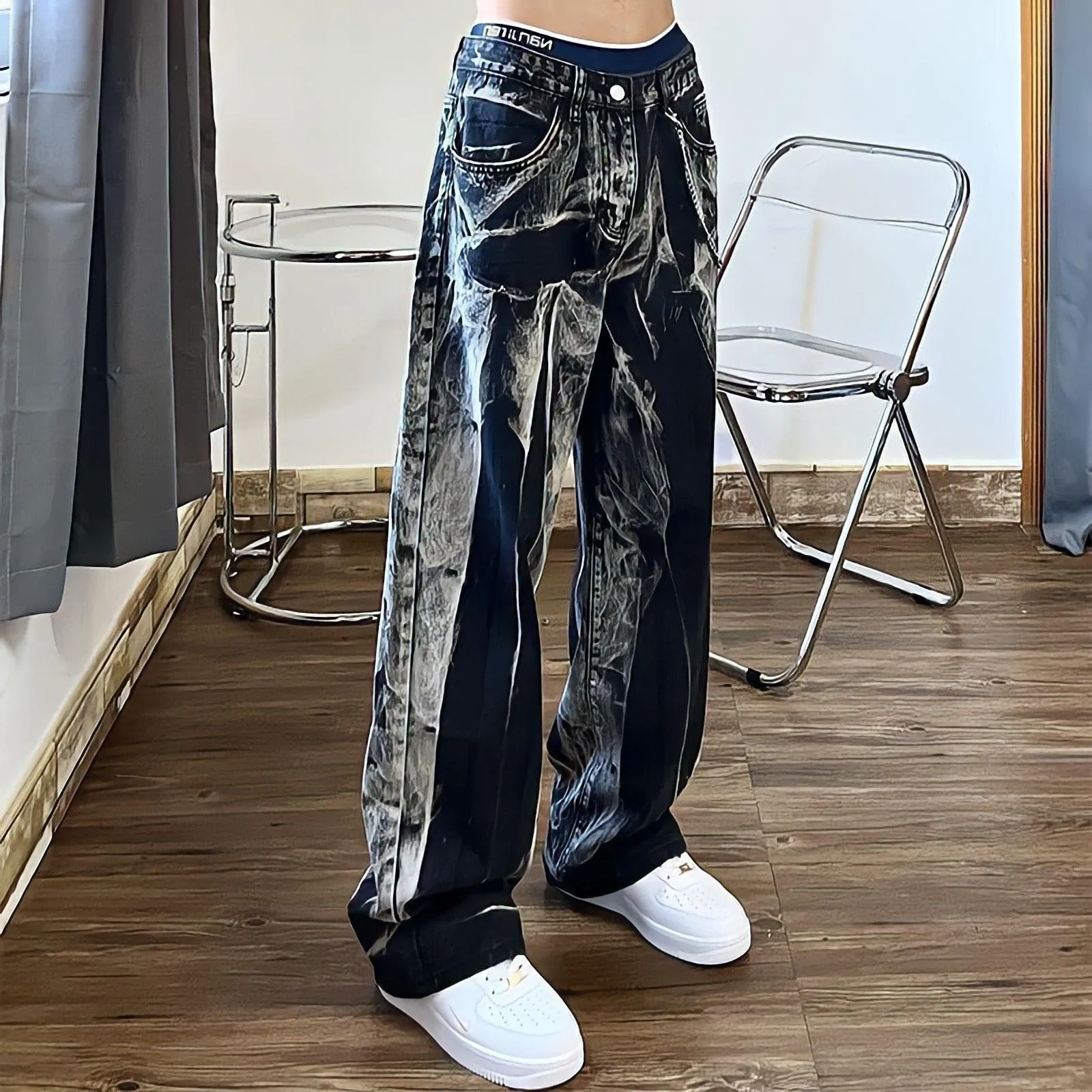 Baggy Jeans Women Tie Dye Washed Straight Wide Leg Pants High Waist