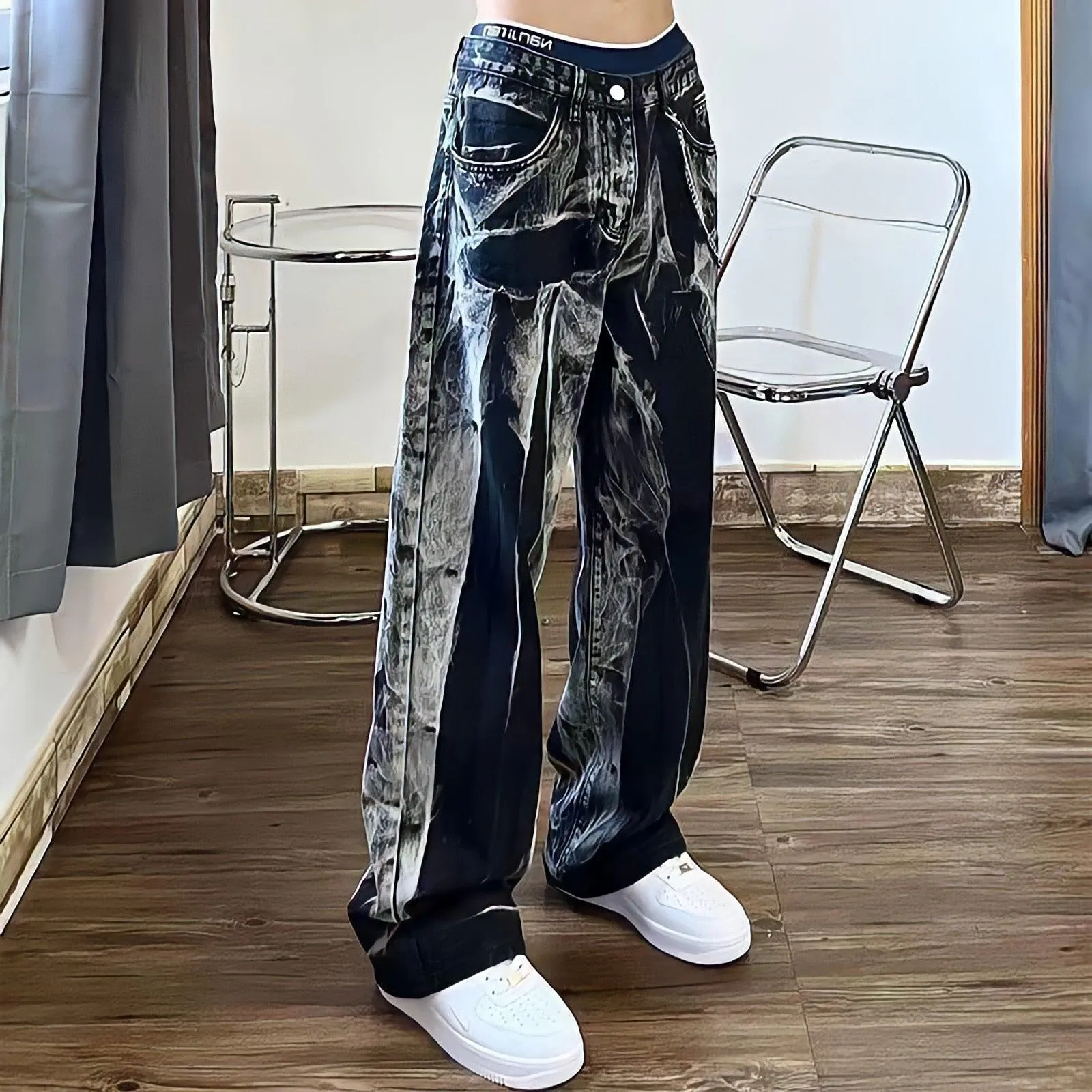 Baggy Jeans Women Tie Dye Washed Straight Wide Leg Pants High Waist