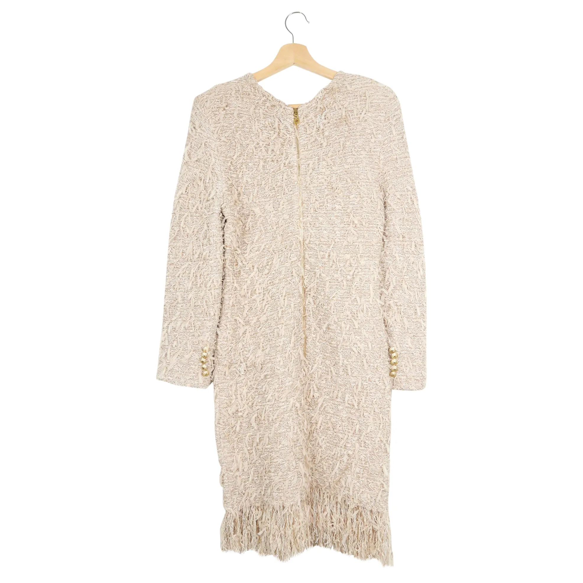 Balmain Beige Fringed Tweed Long Sleeve Bodycon Dress - 44 FR