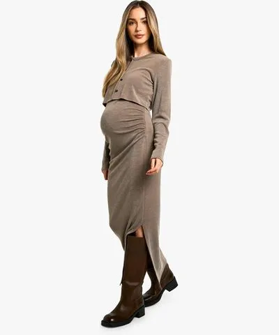 boohoo Womens Maternity Strappy Side Split Midaxi Dress & Crop Cardigan