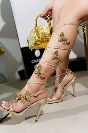 Butterfly Lace Up Heels - Gold