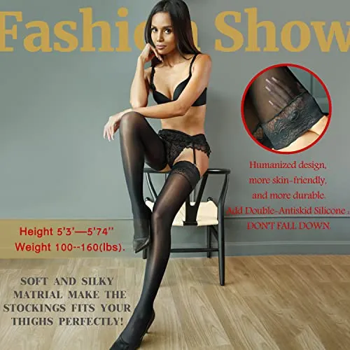 CHARFOX Thigh High Stockings , Women's Sheer Highs with Silicone Lace Top, Shiny Stay Up Silk Lingerie Stockings for Dating Blac