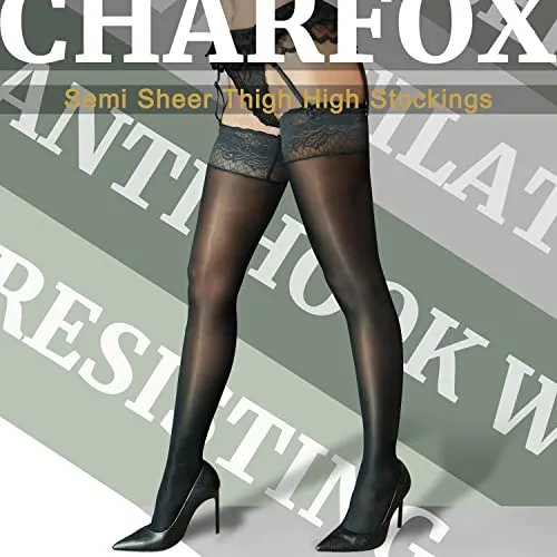 CHARFOX Thigh High Stockings , Women's Sheer Highs with Silicone Lace Top, Shiny Stay Up Silk Lingerie Stockings for Dating Blac