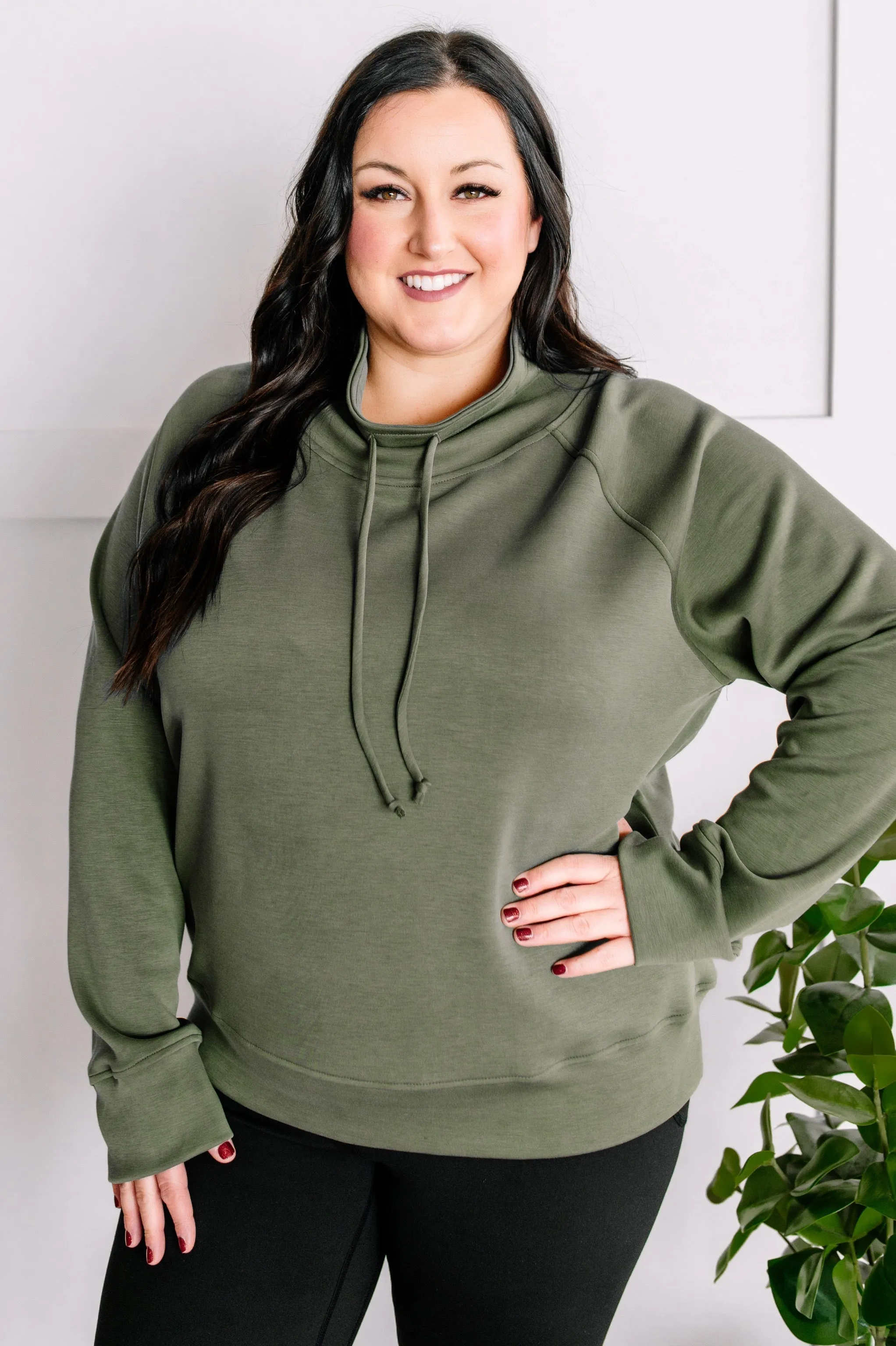 Cowl Neck Pullover In Oakmoss Green