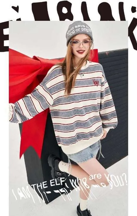 ELF SACK  |Stripes Unisex Sweat Nylon Street Style U-Neck Long Sleeves