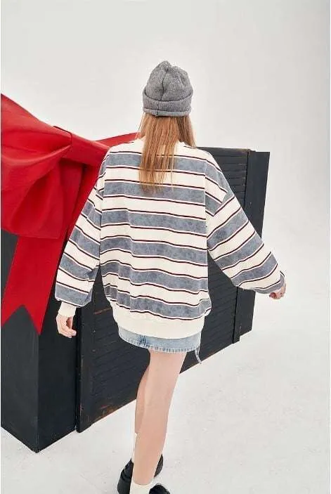 ELF SACK  |Stripes Unisex Sweat Nylon Street Style U-Neck Long Sleeves