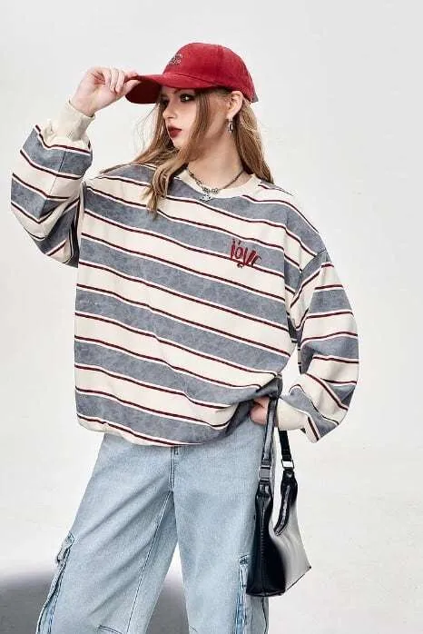 ELF SACK  |Stripes Unisex Sweat Nylon Street Style U-Neck Long Sleeves