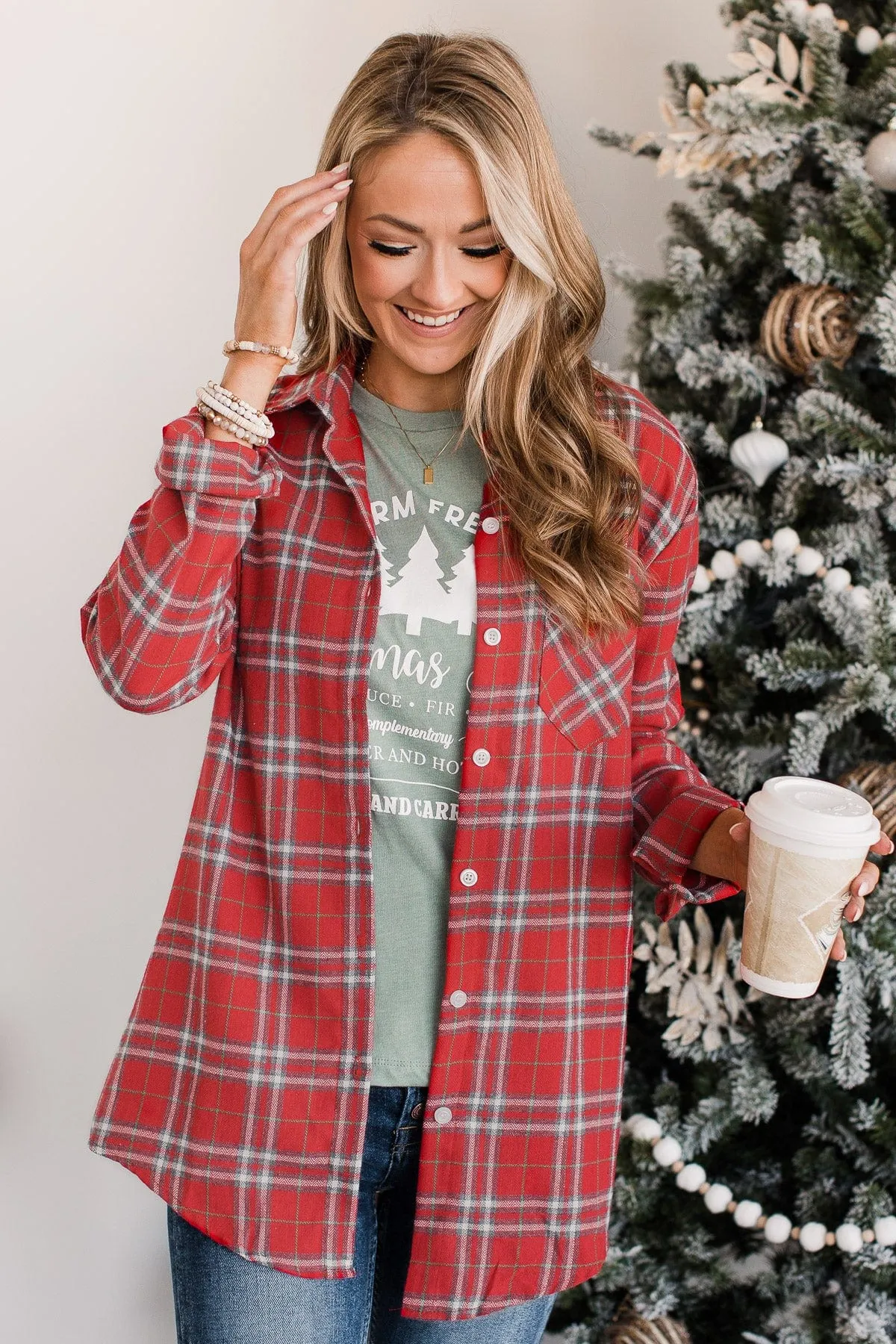 Gingerbread Hugs Plaid Button Down- Red