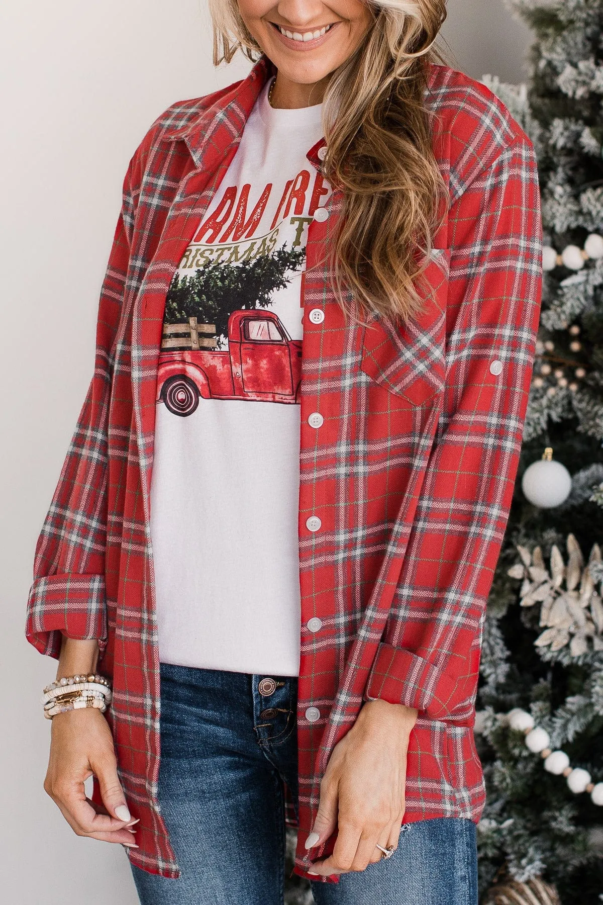 Gingerbread Hugs Plaid Button Down- Red