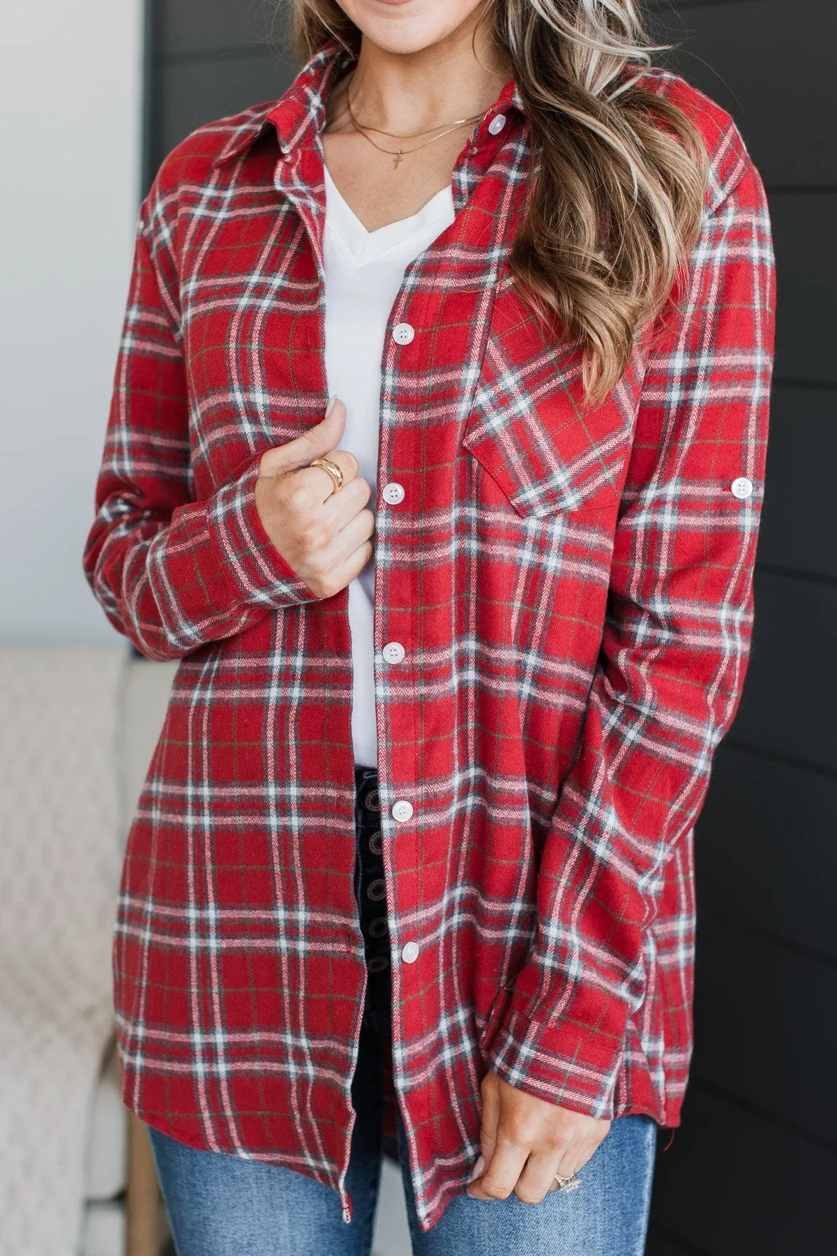 Gingerbread Hugs Plaid Button Down- Red