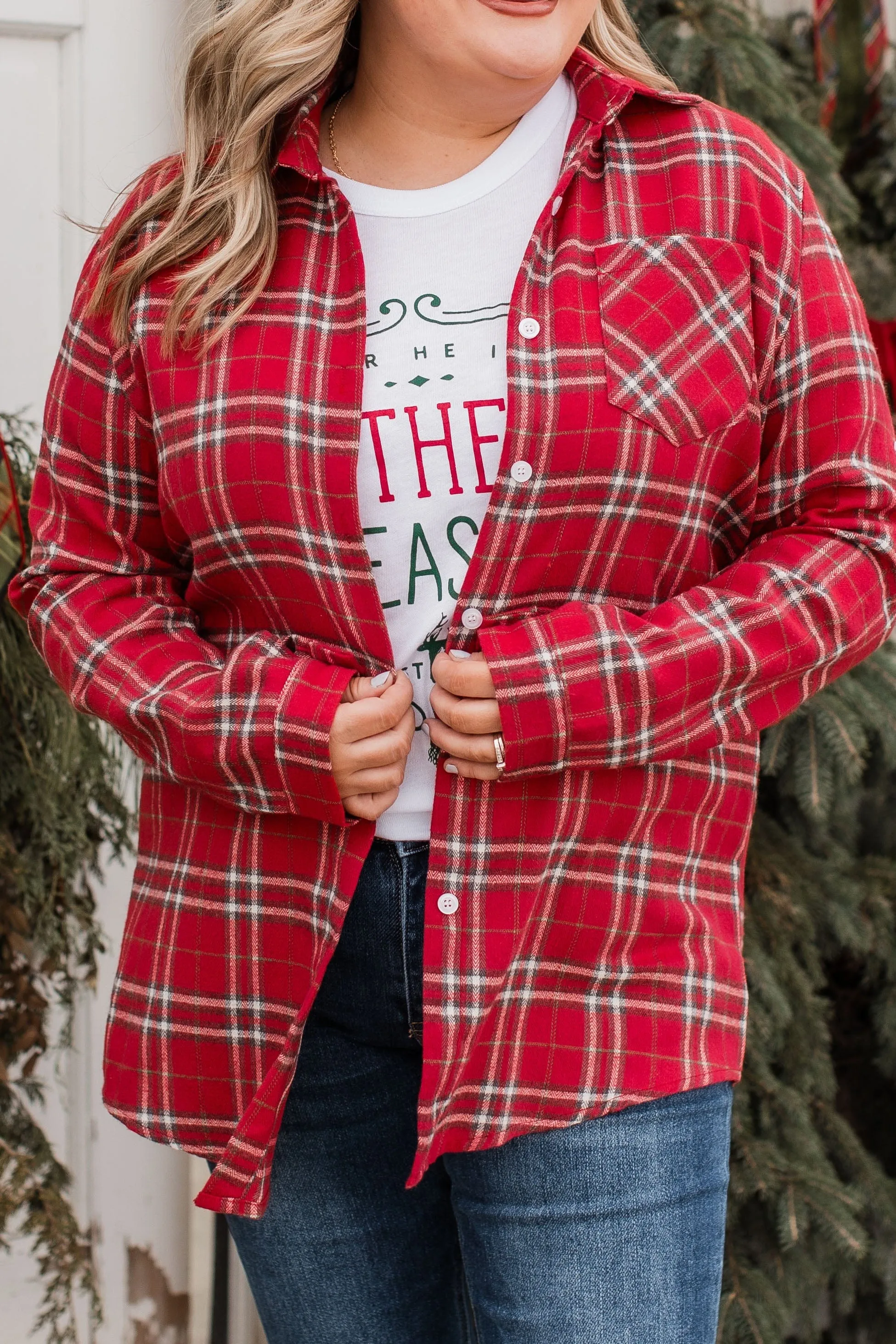 Gingerbread Hugs Plaid Button Down- Red