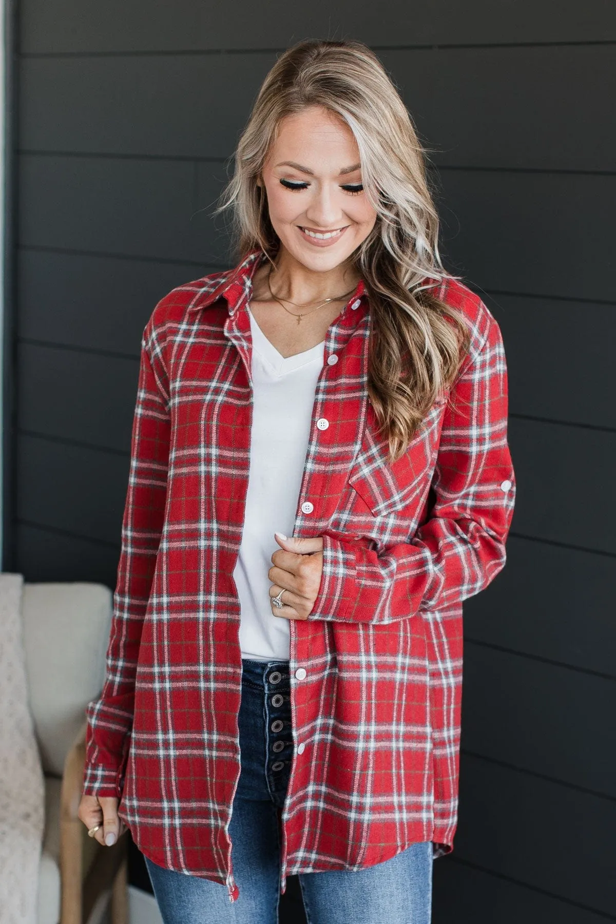 Gingerbread Hugs Plaid Button Down- Red