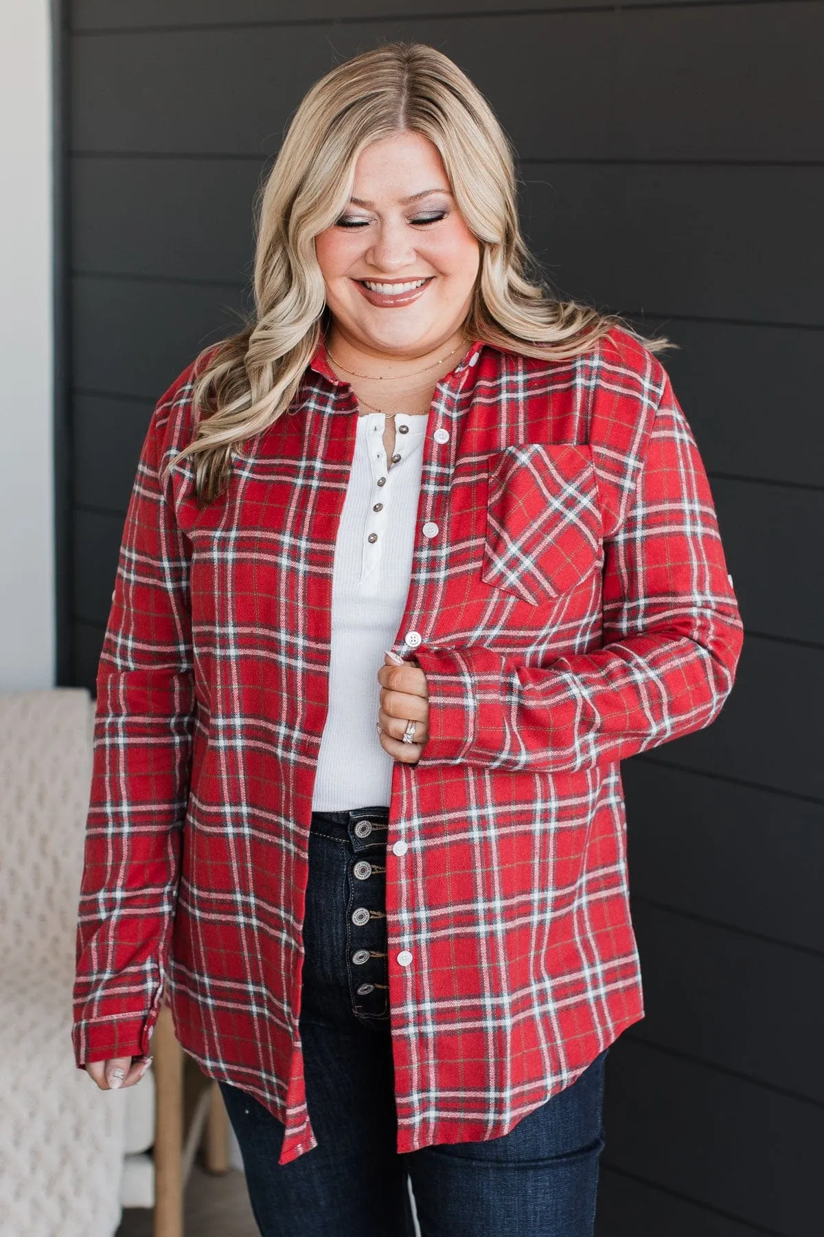 Gingerbread Hugs Plaid Button Down- Red