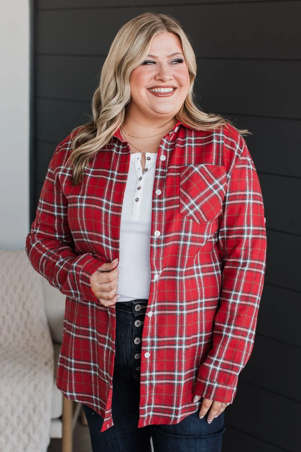 Gingerbread Hugs Plaid Button Down- Red