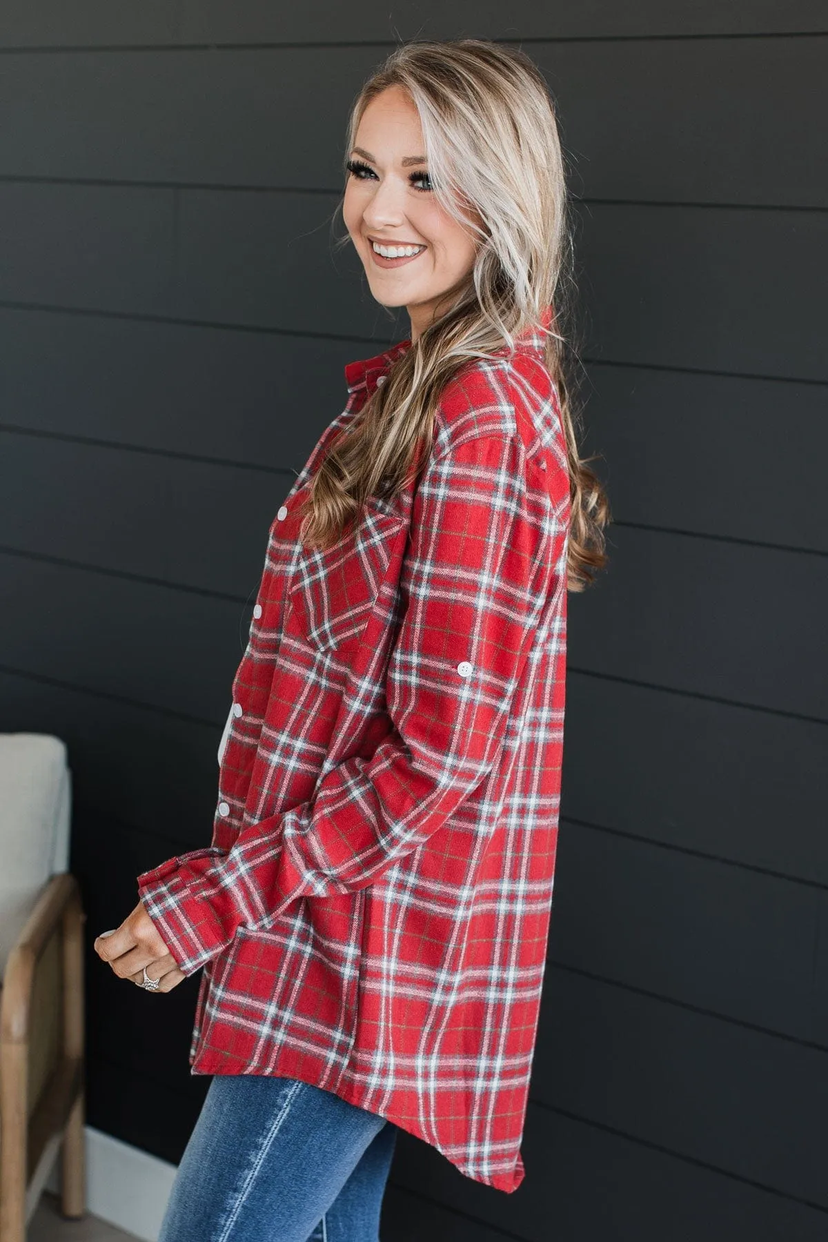 Gingerbread Hugs Plaid Button Down- Red