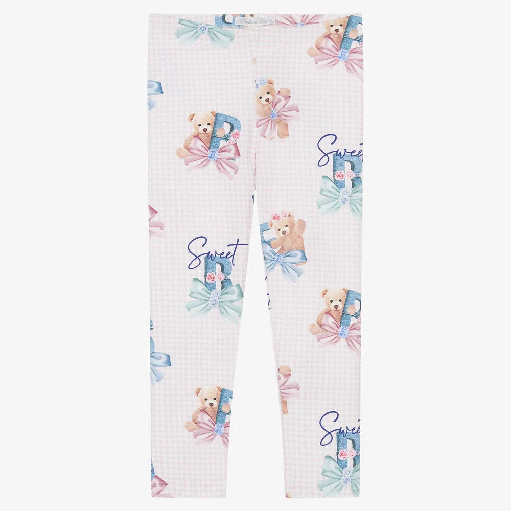 Girls Pink Check Cotton Teddy Leggings