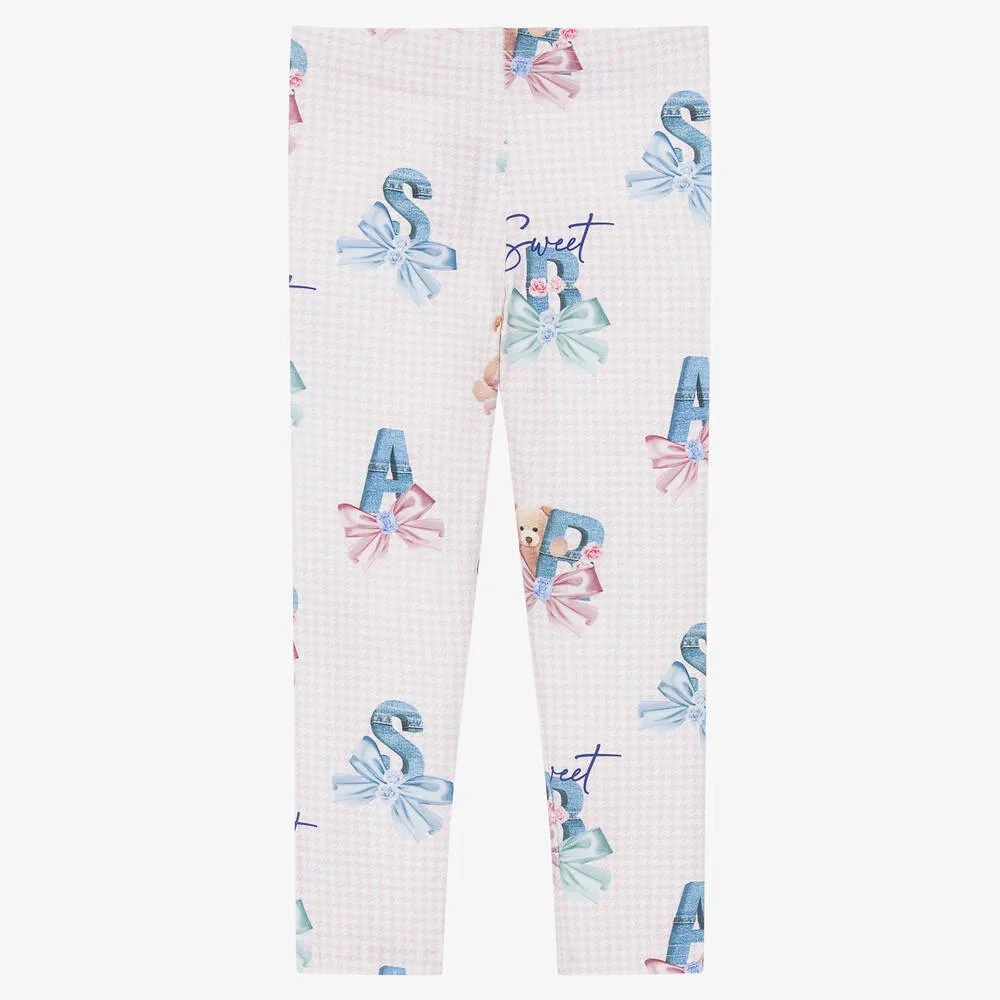 Girls Pink Check Cotton Teddy Leggings