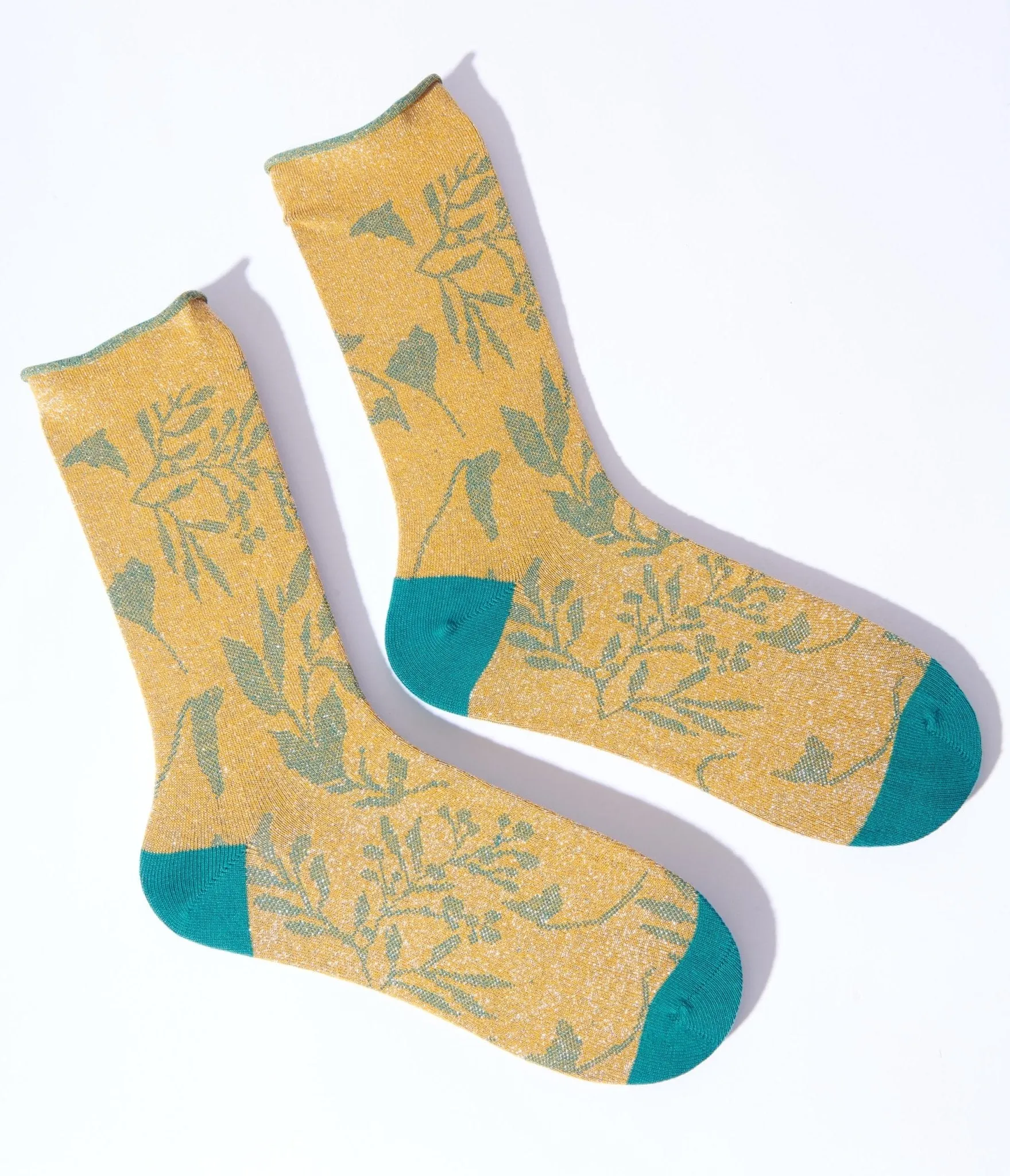 Gold & Green Foliage Shimmer Crew Sock