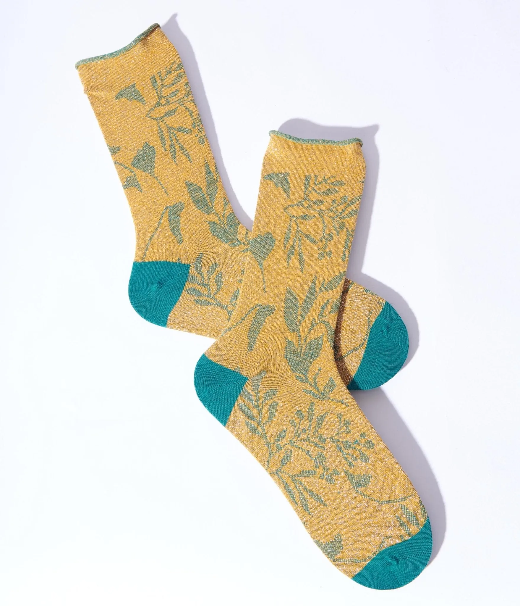 Gold & Green Foliage Shimmer Crew Sock