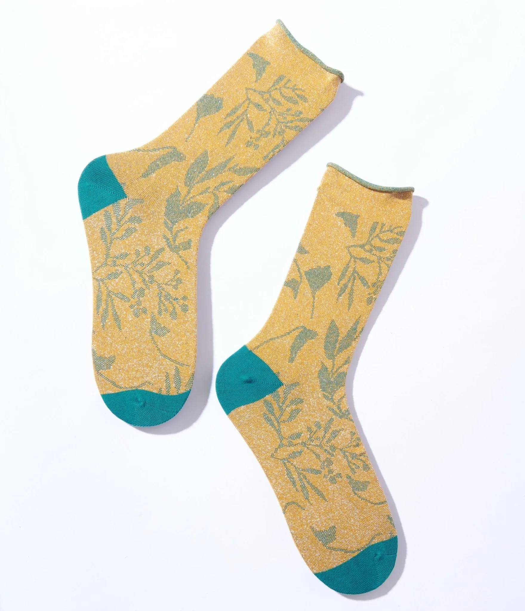 Gold & Green Foliage Shimmer Crew Sock