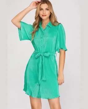 Half Sleeve Plisse Button Down Dress