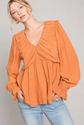 Heyson Pumpkin Spice V Neck Flare Crinkled Blouse