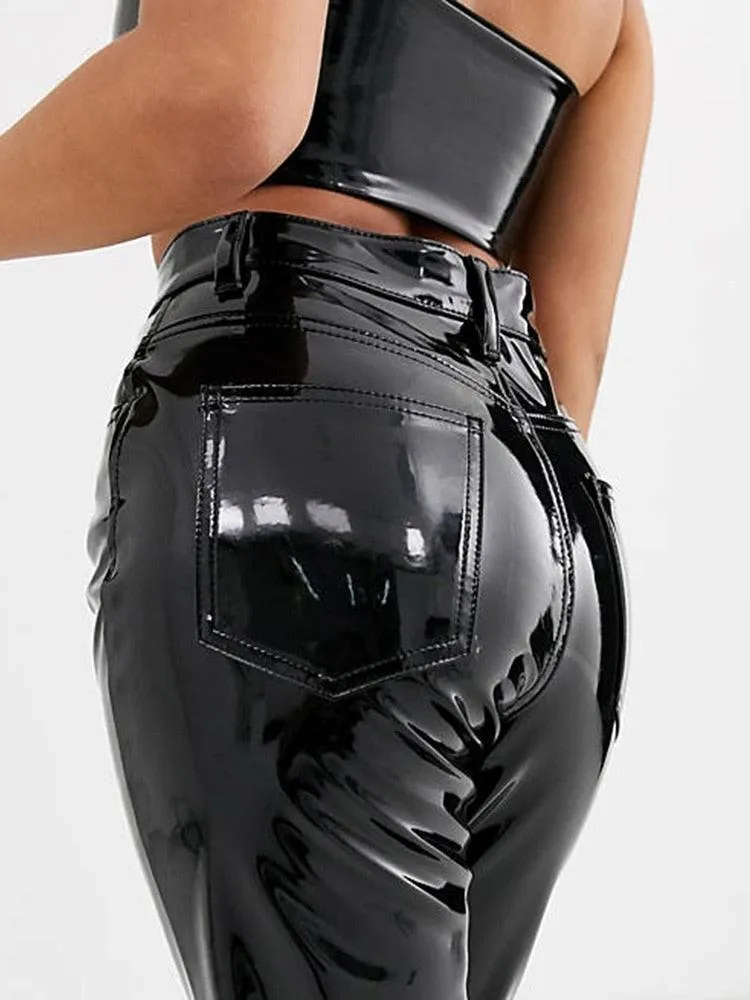 High-Waisted Patent Leather Pencil Pants - Faux PVC Material with Slim Bodycon Fit for Ladies Nightclub Wear