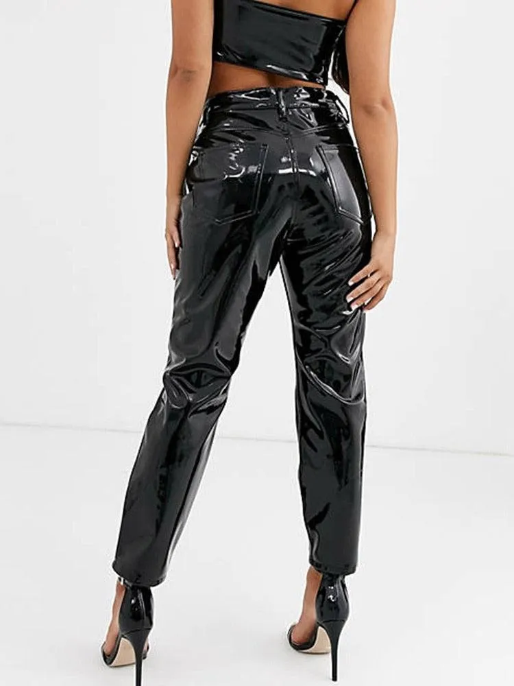 High-Waisted Patent Leather Pencil Pants - Faux PVC Material with Slim Bodycon Fit for Ladies Nightclub Wear