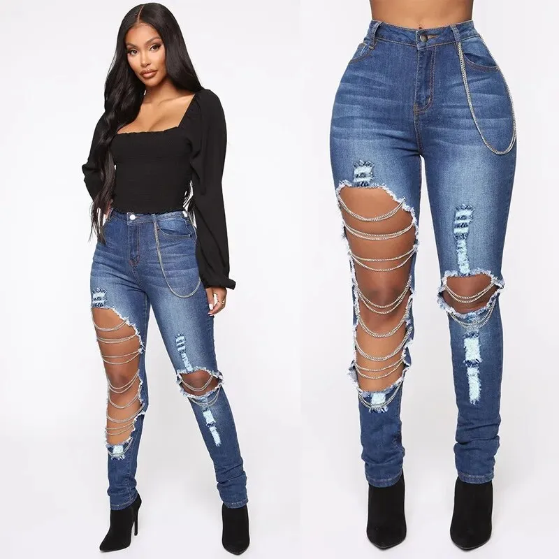 Hole Chain Design Denim Mid Waist Stretch Vintage Slim Pants