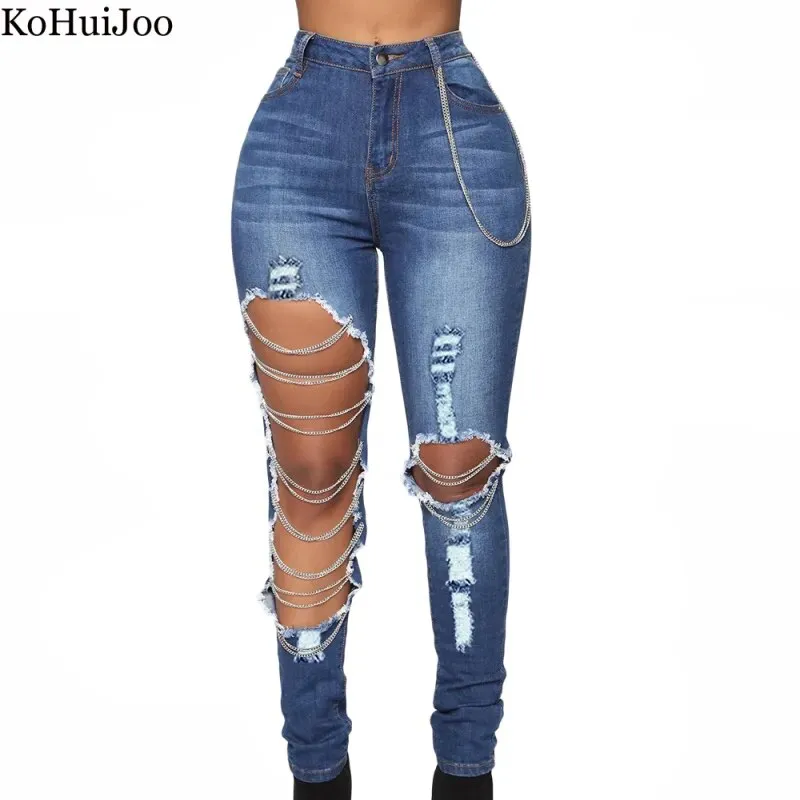 Hole Chain Design Denim Mid Waist Stretch Vintage Slim Pants