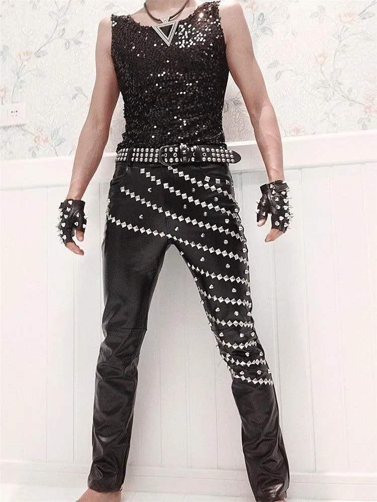 Idopy Gothic Punk Rock Rivet Faux Leather Pants - Perfect for Nightclub Fashion with a Unique and Edgy Style