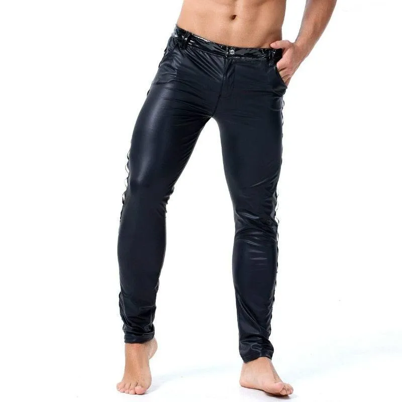 Men Leather Rivet Pants Slim Fit Elastic Style