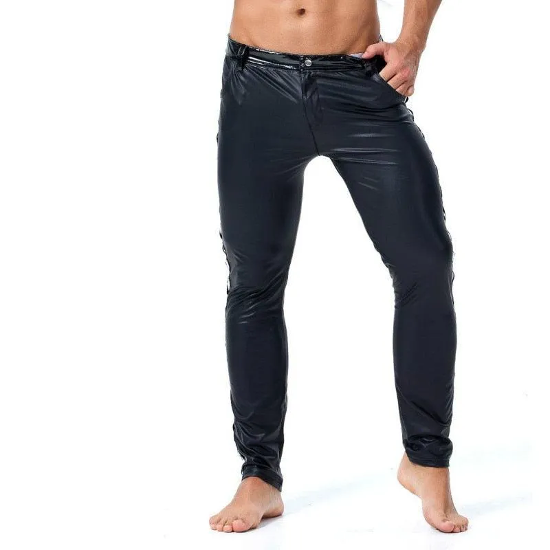 Men Leather Rivet Pants Slim Fit Elastic Style