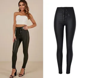 Metal Eyelet Straps High-Waisted PU Coated Leather Pants - Slim Fit with Stretch and Elastic Waist