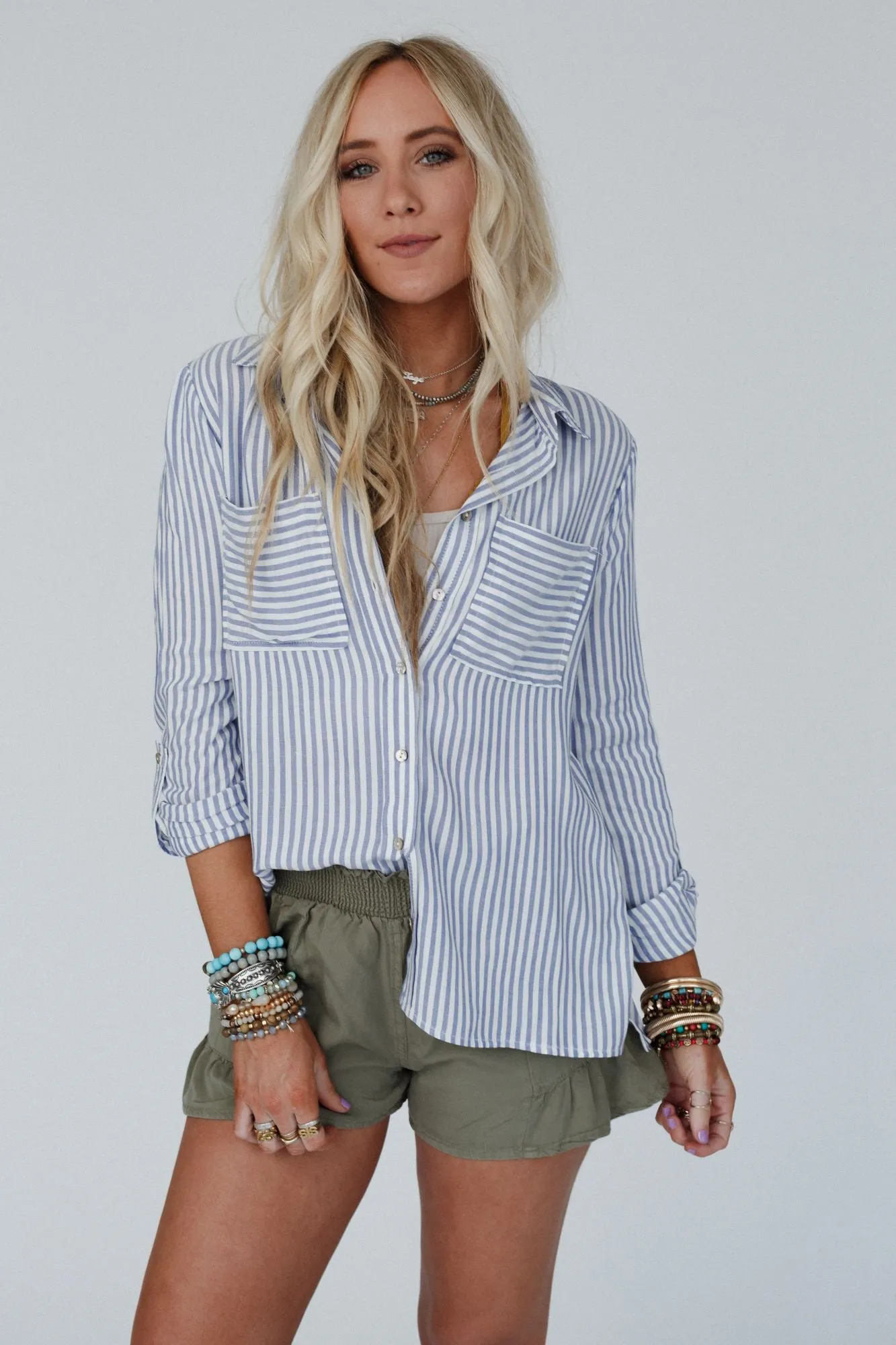 Milan Striped Button Down Top - Blue