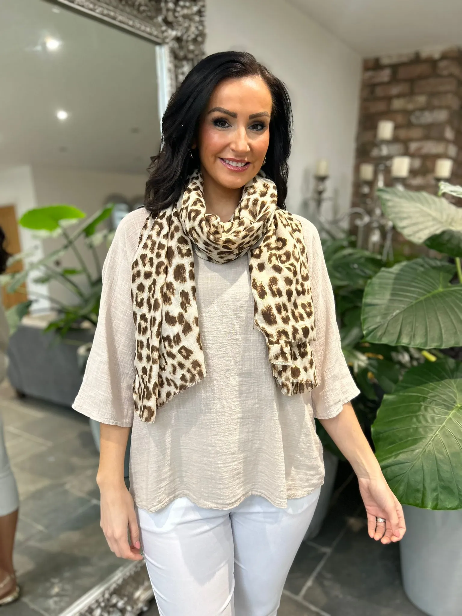 Natural Leopard Gold Accent Raw Edge Scarf