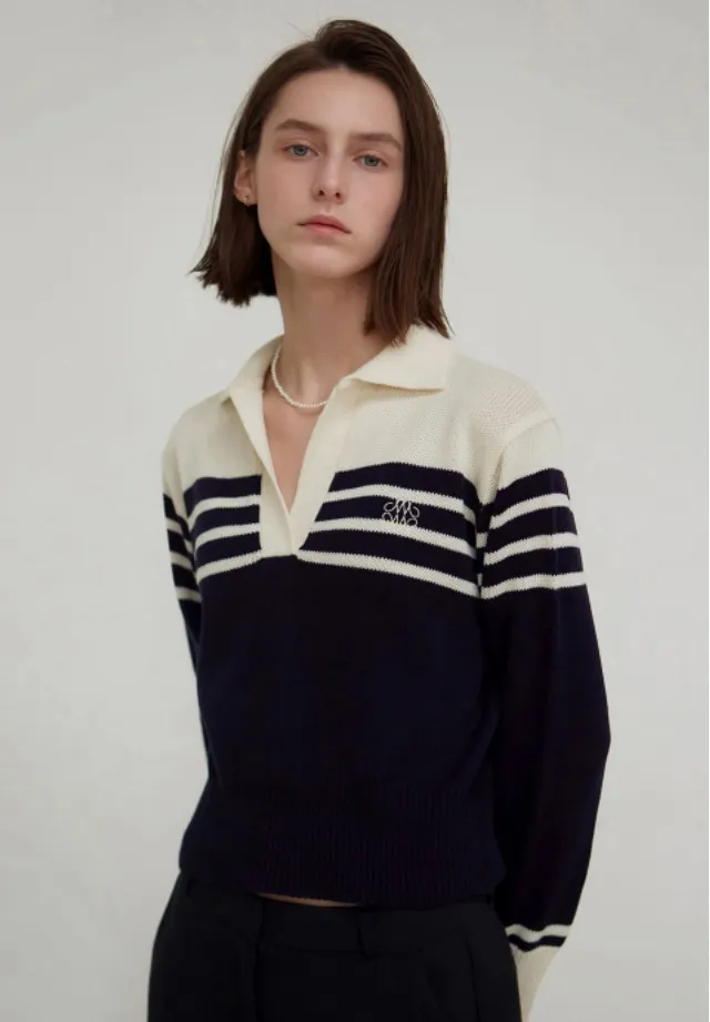 NICK&NICOLE  |Stripes Long Sleeves V-neck & Crew neck