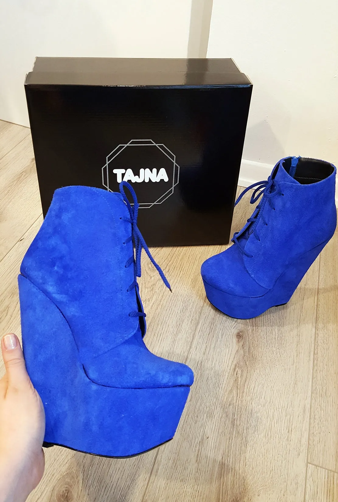 Parlament Blue Suede Lace Up Wedge Ankle Booties