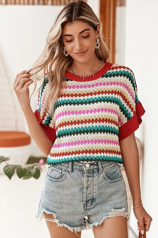 Red Pink and Green Stripe Ruffle Short Sleeve Knit Top