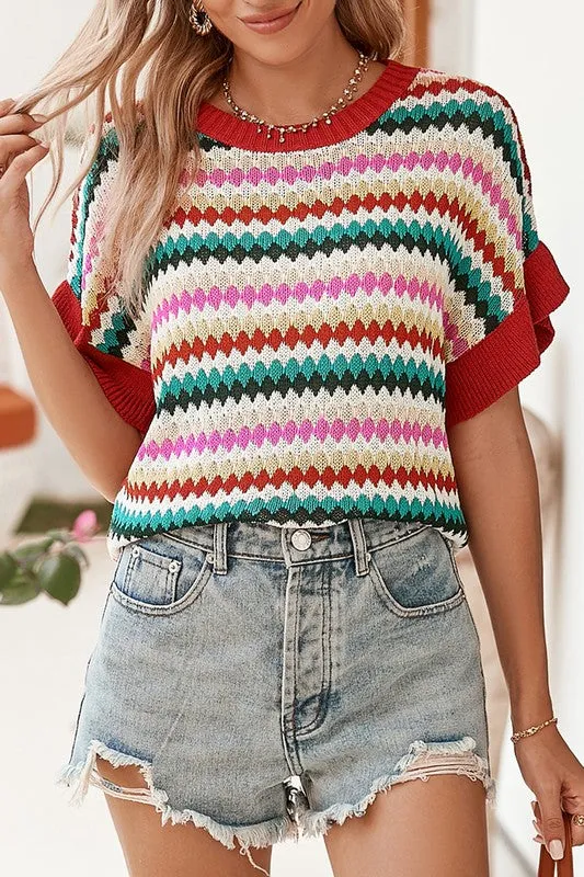 Red Pink and Green Stripe Ruffle Short Sleeve Knit Top