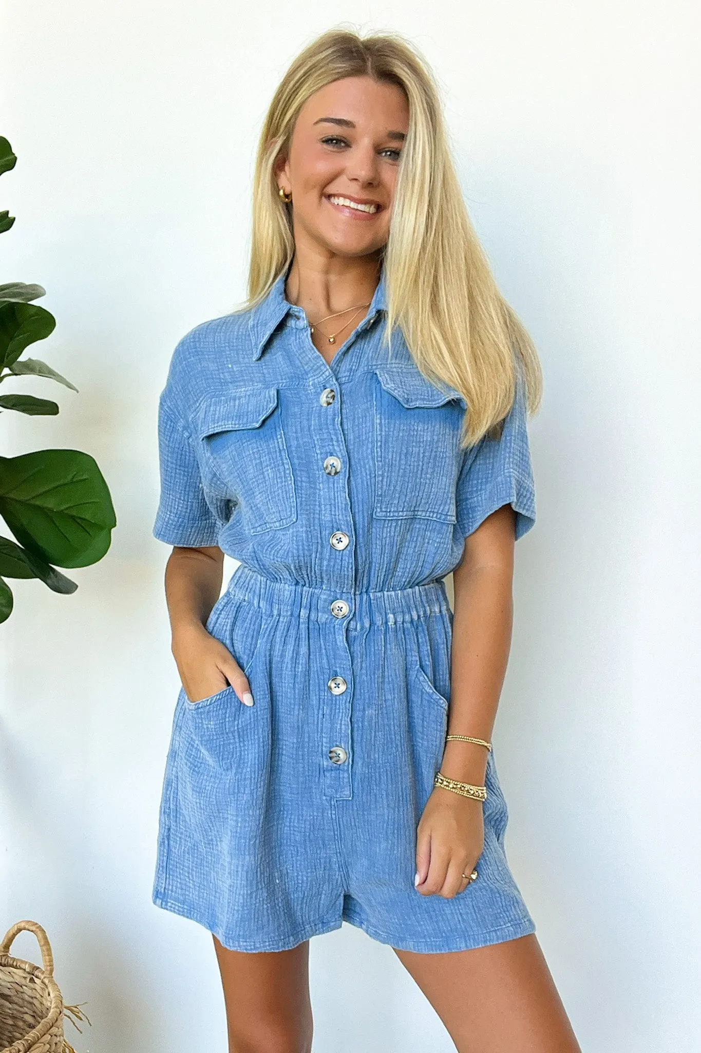 Simoni Mineral Washed Button Down Romper