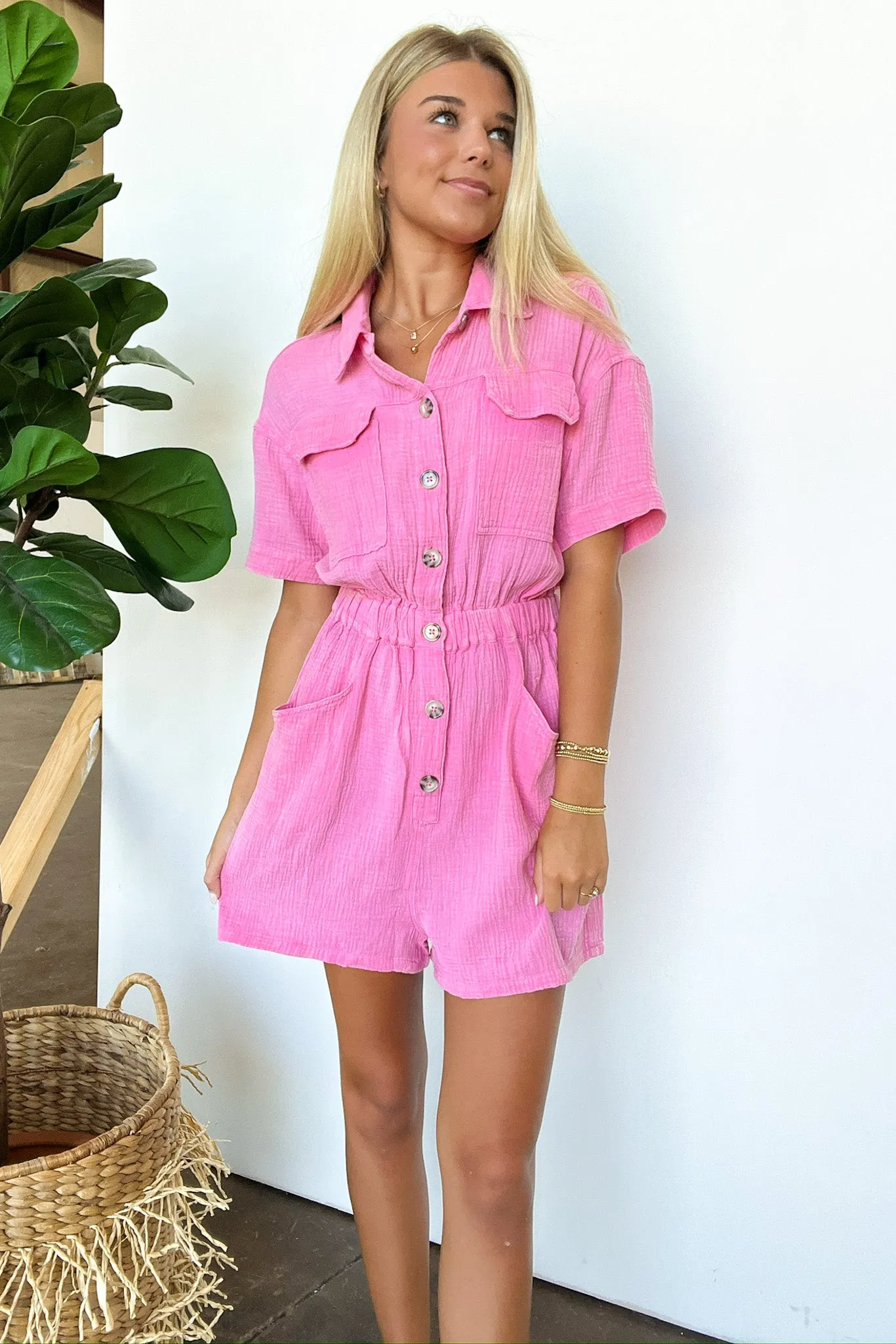 Simoni Mineral Washed Button Down Romper