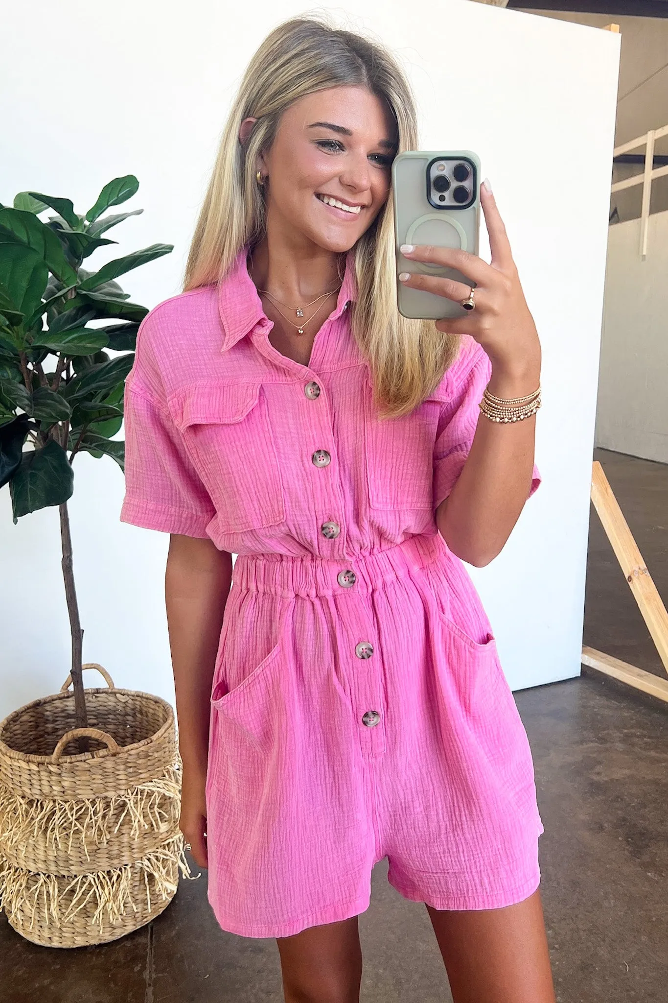 Simoni Mineral Washed Button Down Romper