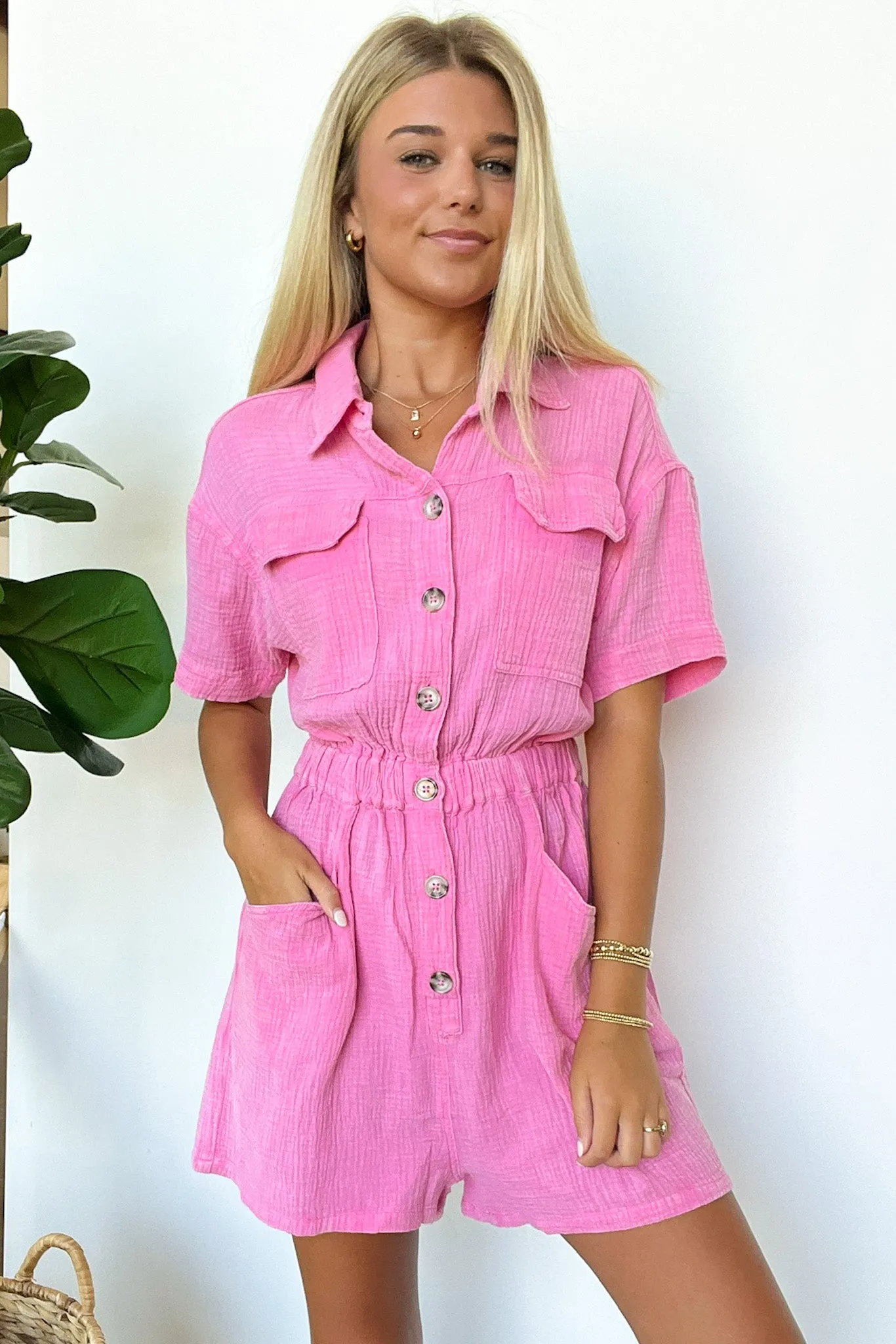 Simoni Mineral Washed Button Down Romper