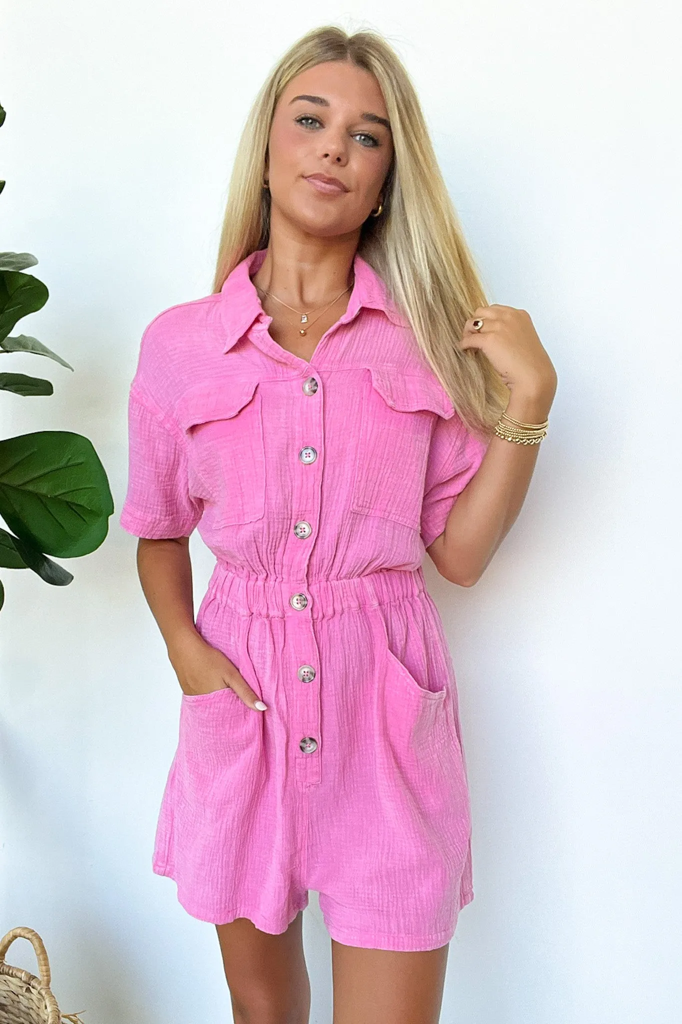 Simoni Mineral Washed Button Down Romper