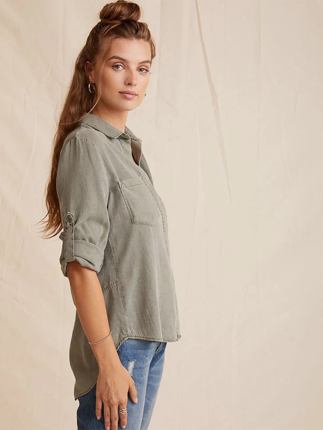 Split Back Button Down Shirt - Army