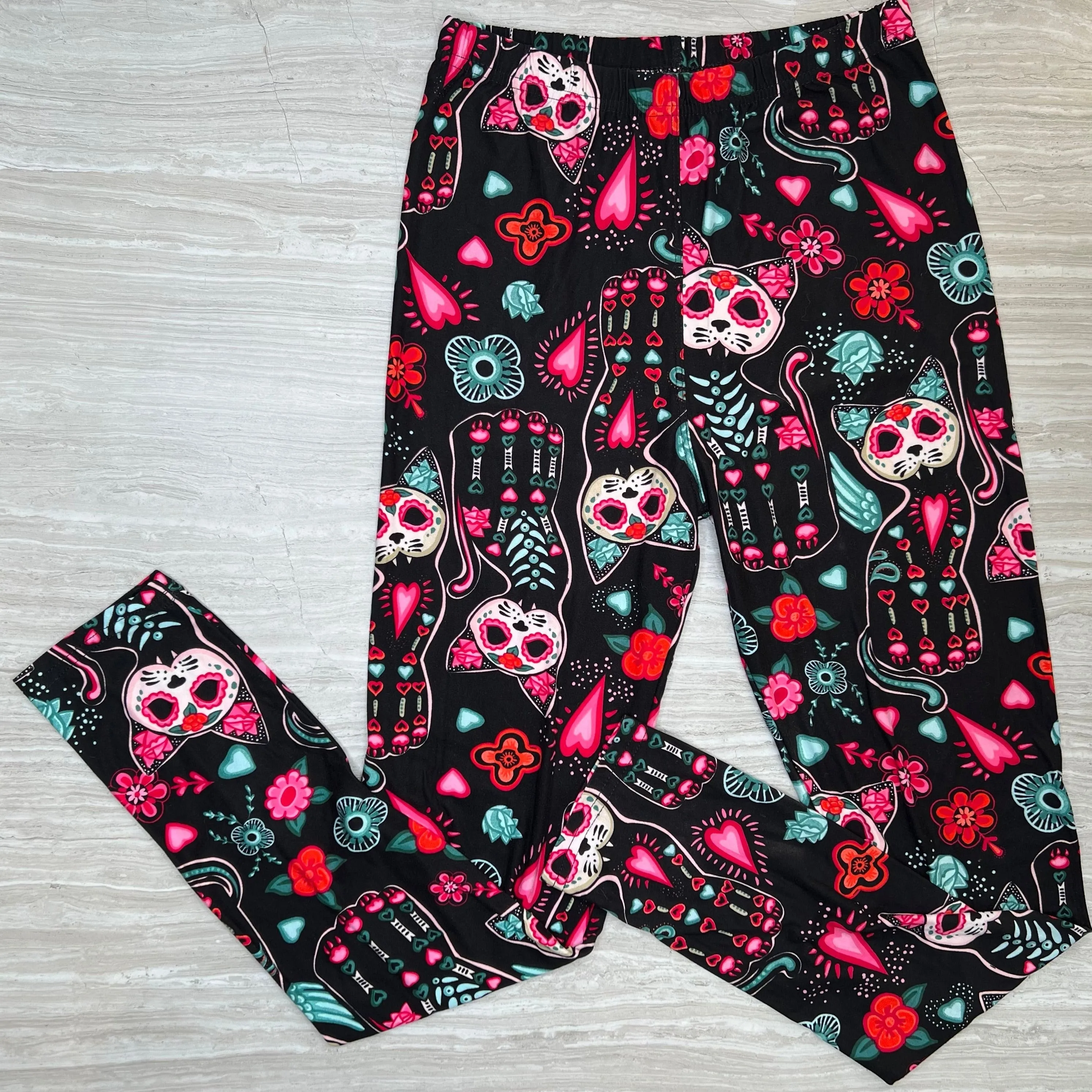 Sugar Skull Cats Print Soft Leggings