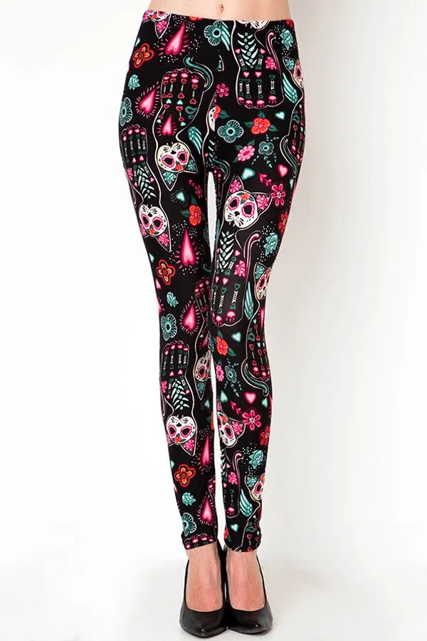 Sugar Skull Cats Print Soft Leggings